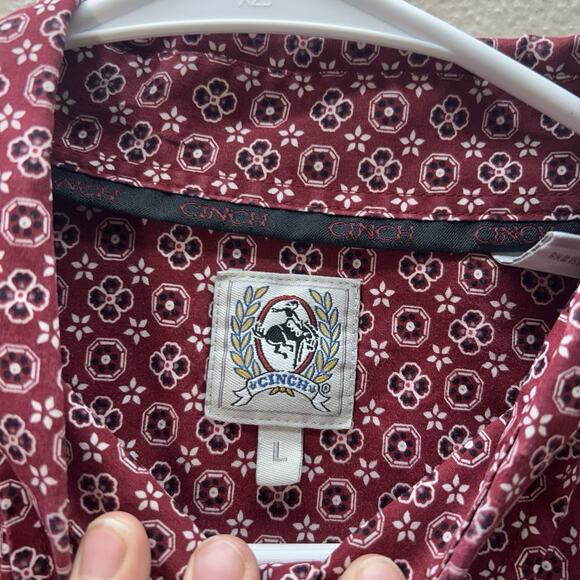 Cinch Mens Red Retro Geo Floral Print Button Down Shirt Western Ranch rodeo Sz L - Picture 4 of 6